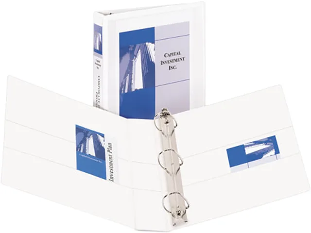 Red and white slant-ring view binder with clear overlay and interior pockets