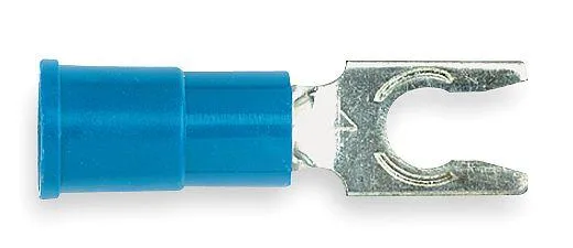 Blue vinyl insulated fork terminal, #6 stud, 14 AWG, 1000 V