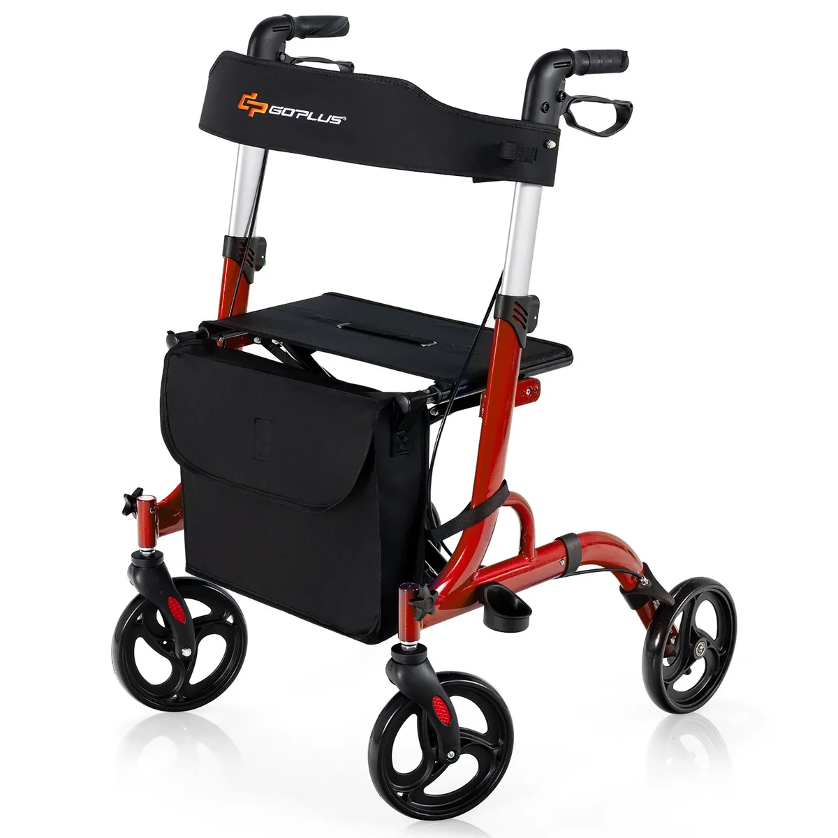 Red aluminum rollator walker with seat, 8-inch wheels, folding frame, hand brakes, backrest, 330 lbs capacity