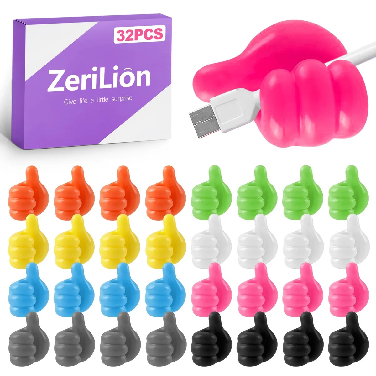 Thirty-two small thumbs-up silicone hooks on a sheet