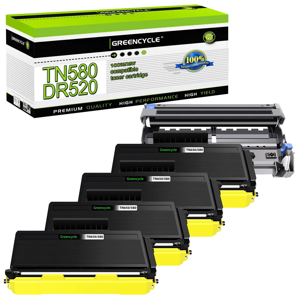 GREENCYCLE GREENCYCLE TN580 DR520 Black Toner Cartridge &amp; Drum Unit Set (4 Toner, 1 Drum) — product photo