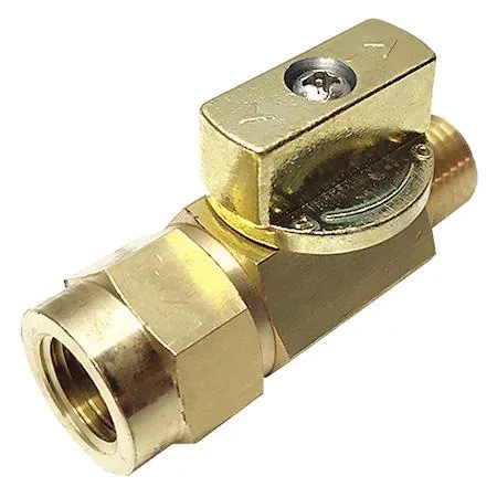 Small brass inline ball valve with round steel handle