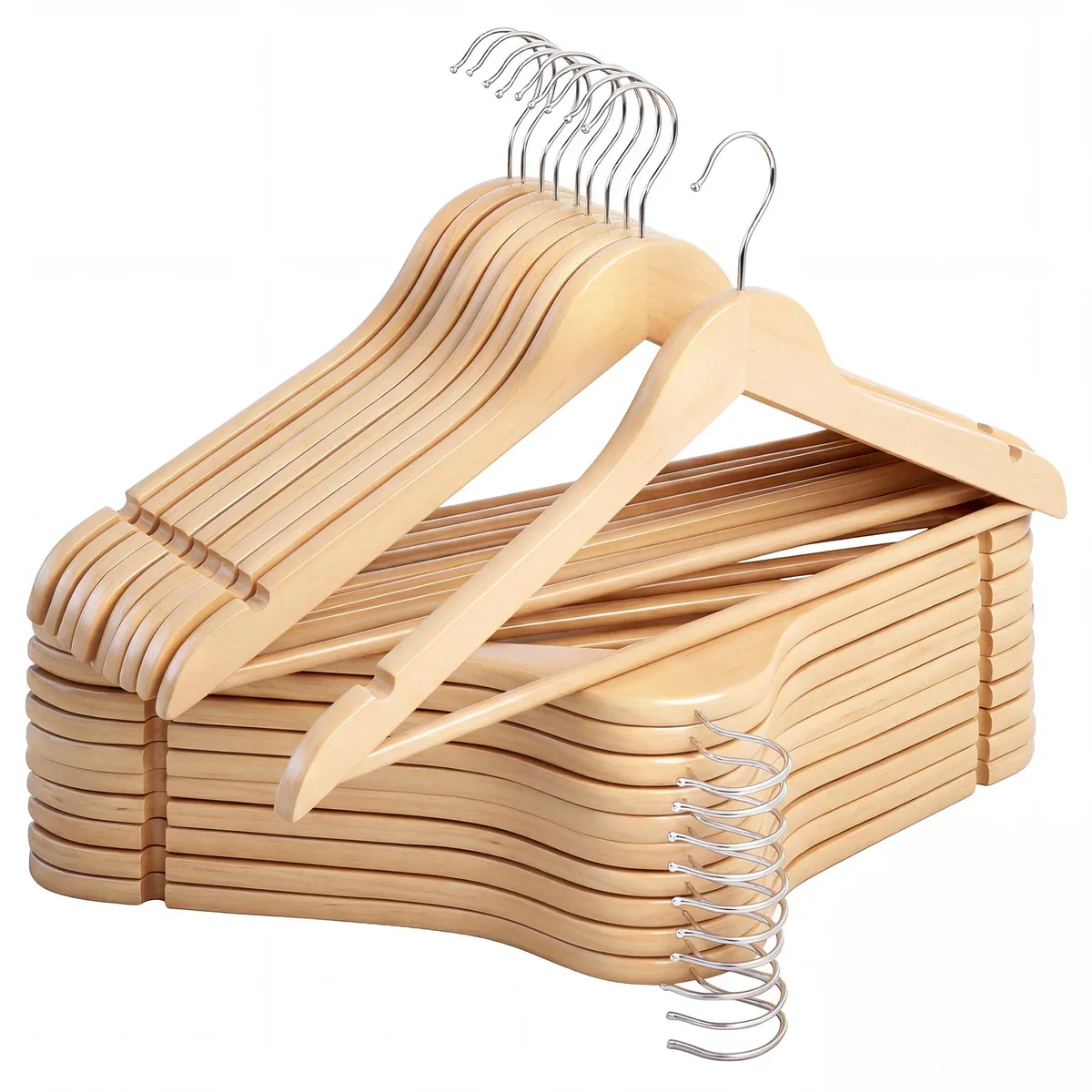 Set of twenty natural wood coat hangers with swivel hooks and trouser bars