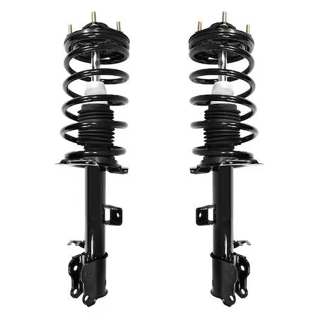 Two silver front strut assemblies with coil springs and mounts