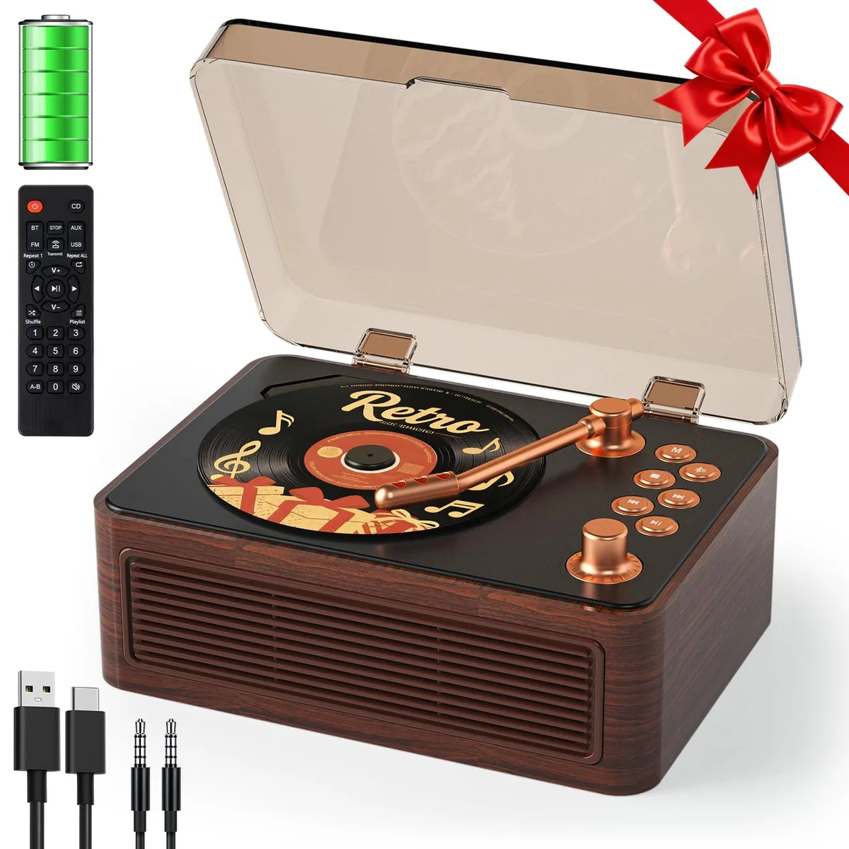  Retro Portable CD Player 3600mAh Bluetooth FM USB AUX Walnut — product photo