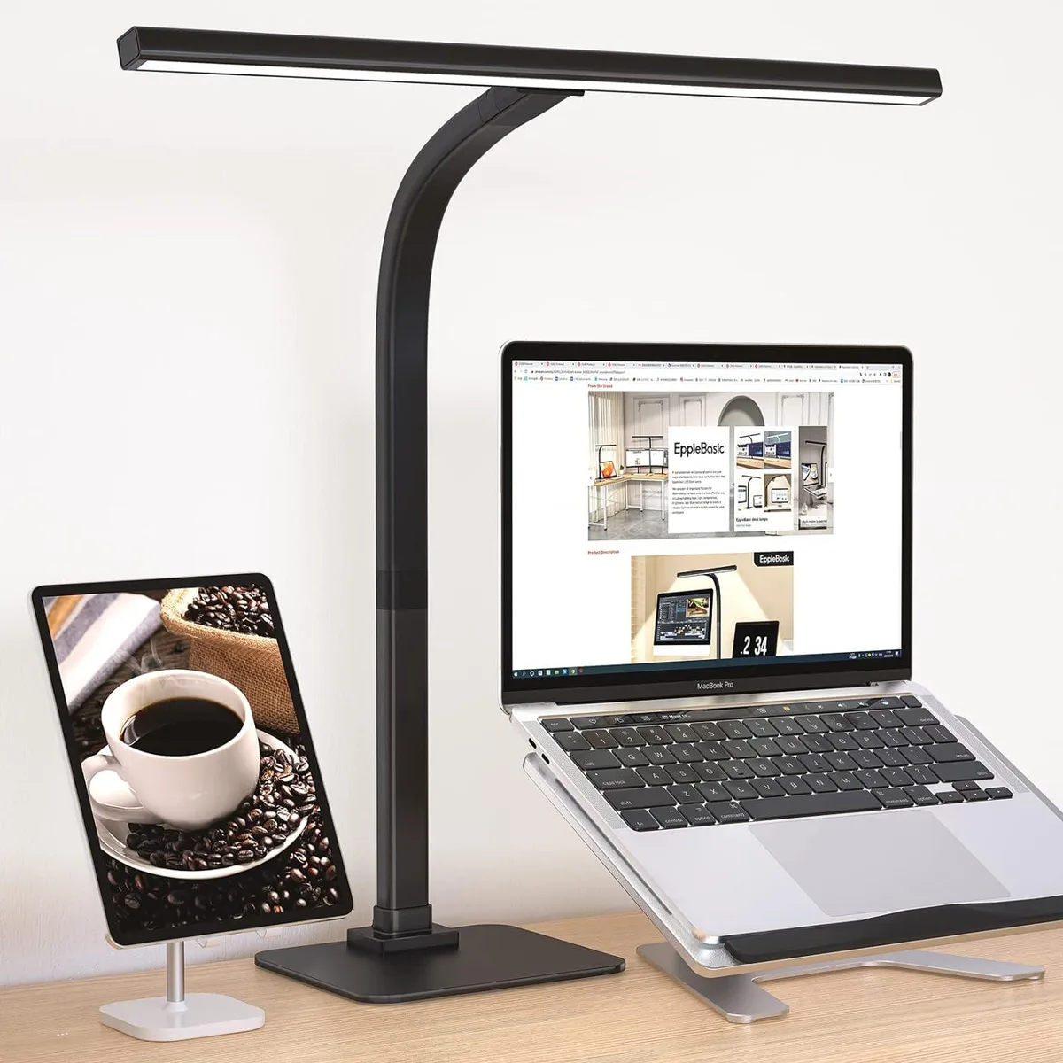 Sleek 18-inch LED desk lamp with wide head, adjustable neck and sturdy base