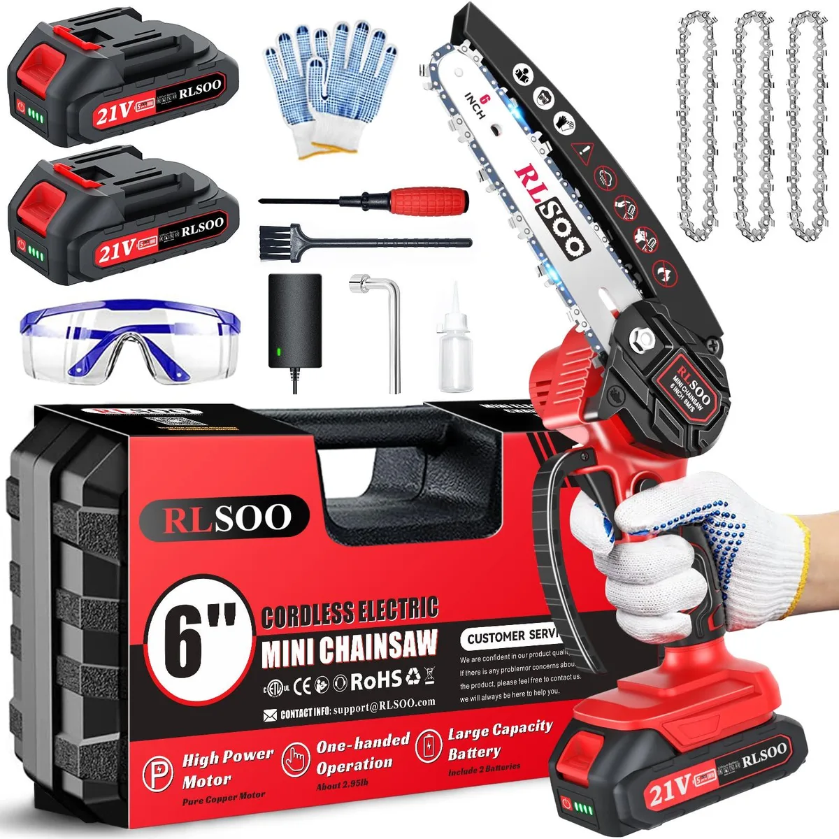  RLSOO 6 Inch Mini Chainsaw 21V 3000mAh 2.6lbs 120° Baffle — product photo