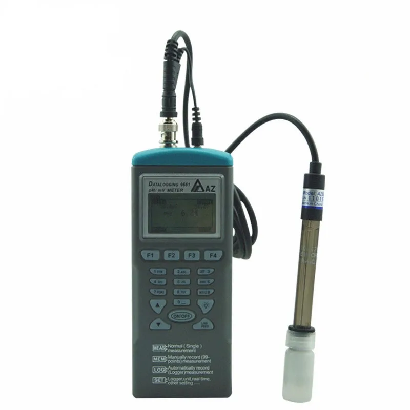 Red handheld pH meter with large dot-matrix LCD and probe