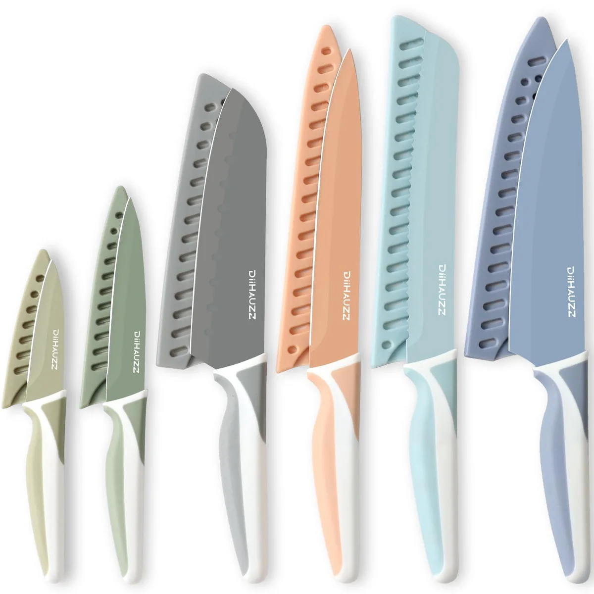 Twelve stainless steel knives with colourful ergonomic handles and blade guards in a box