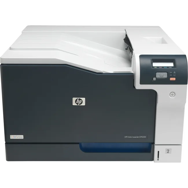 White rectangular office laser printer with front paper tray and control panel
