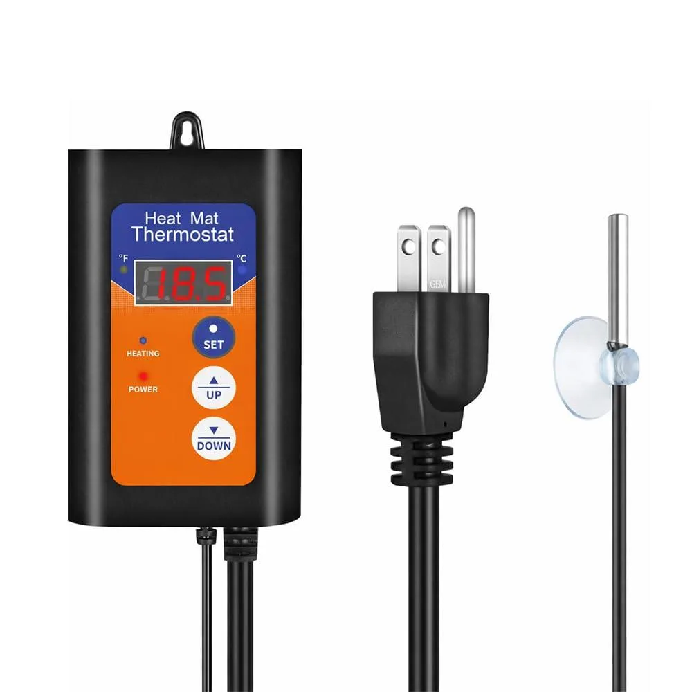 Twelve white rectangular thermostat controllers with digital displays and hanging tabs