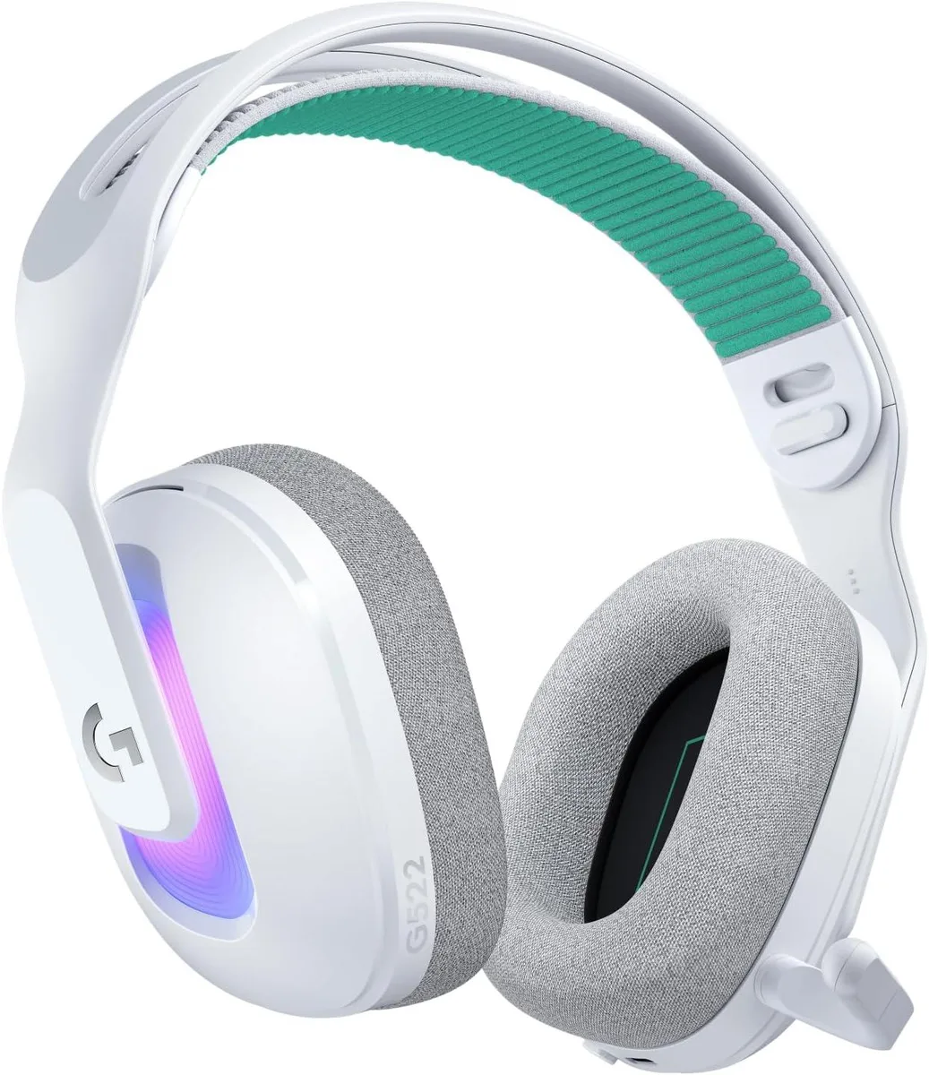 White over-ear wireless gaming headset with RGB lighting on ear cups, boom microphone attached, matte plastic finish