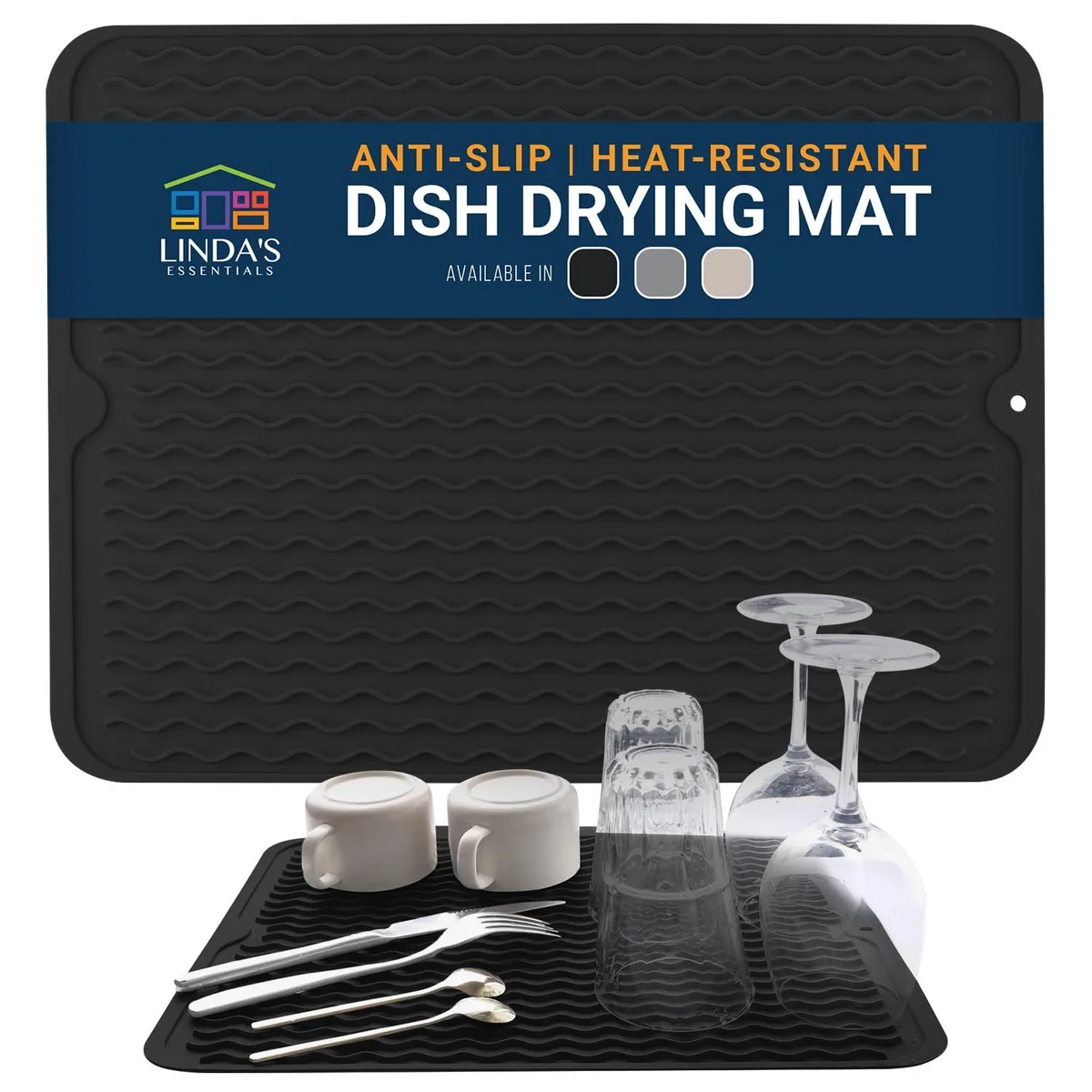 Black silicone drying mat 18 by 16 inches with raised ridges