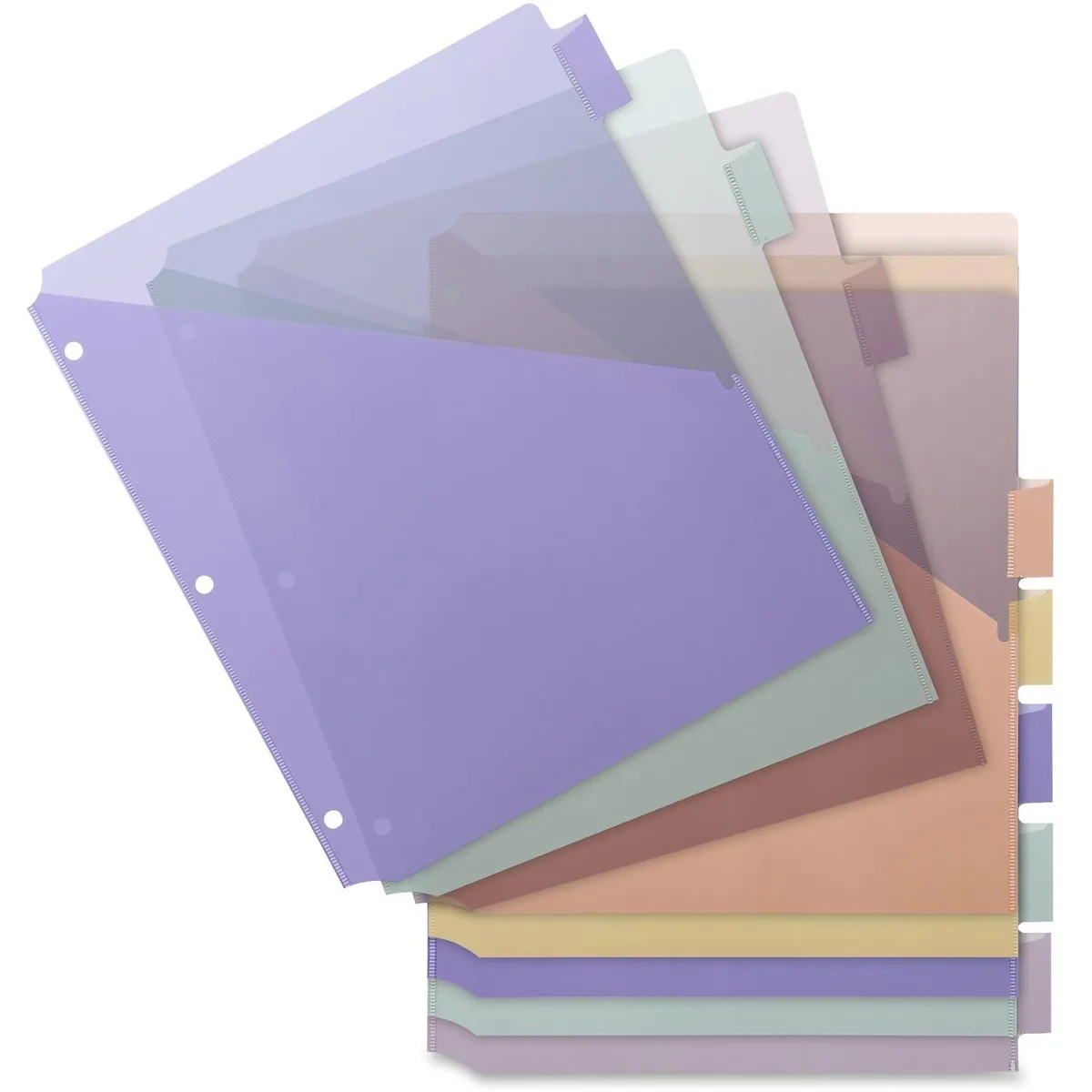 Multicolor plastic index dividers with large tabs and single pockets, three-hole punched, eight tabs in blue green pink orange yellow