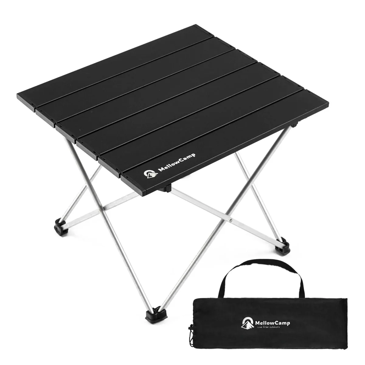 Black folding aluminum table with X-frame legs and carry bag