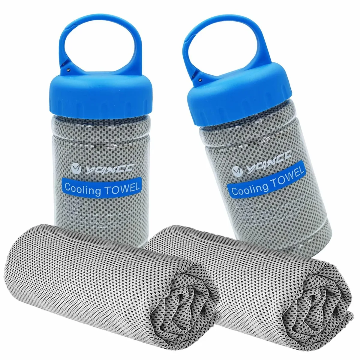 Two white microfiber cooling towels in plastic containers