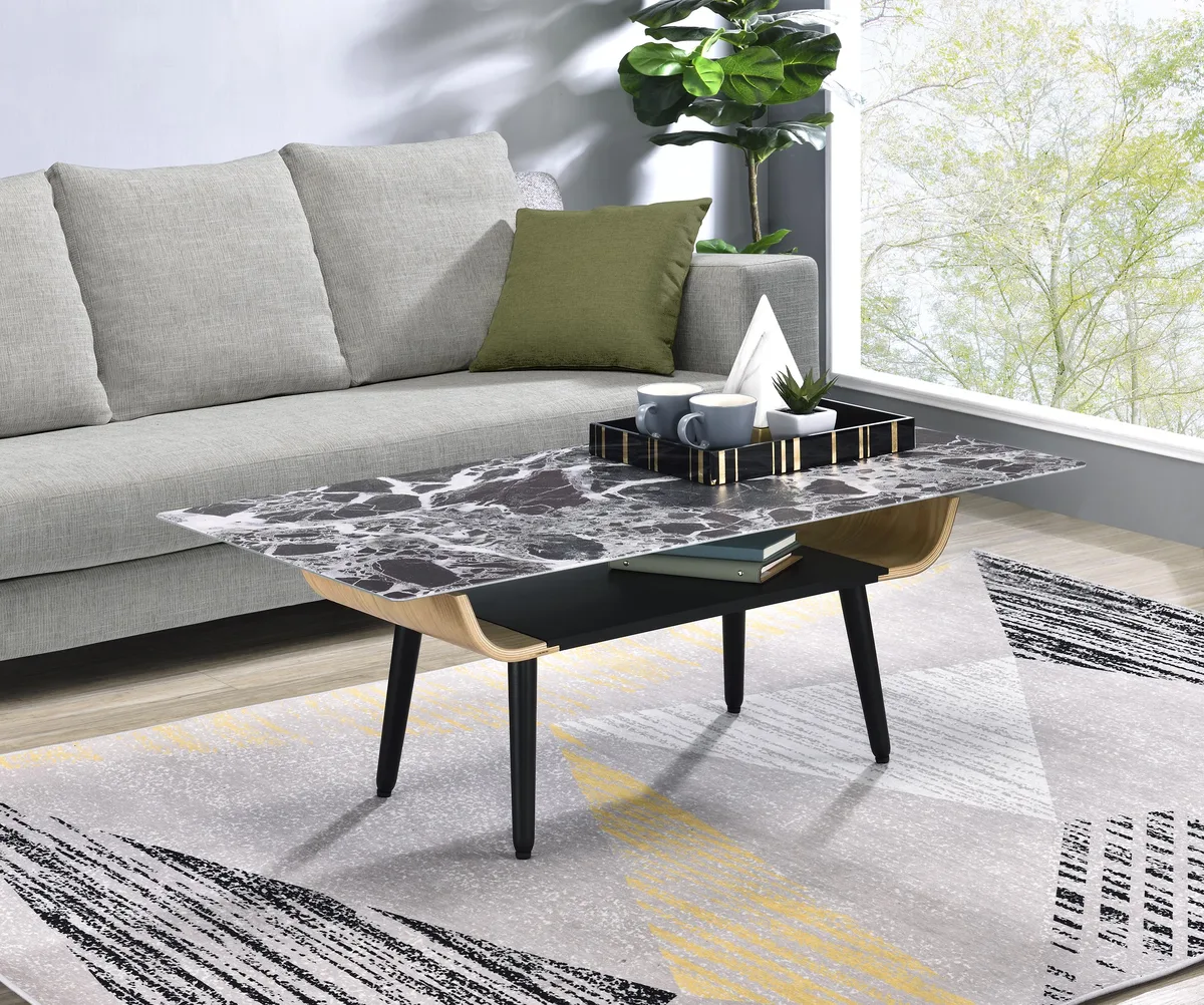 tuphen tuphen Landon 47" Coffee Table Black Marble Glass Top Bent Wood — product photo