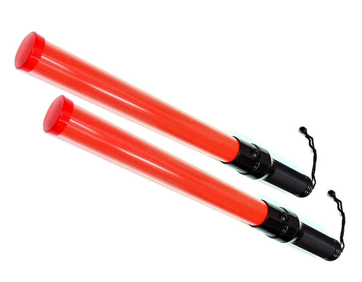 Two orange-red LED traffic batons, twenty-one inches long, with wrist straps