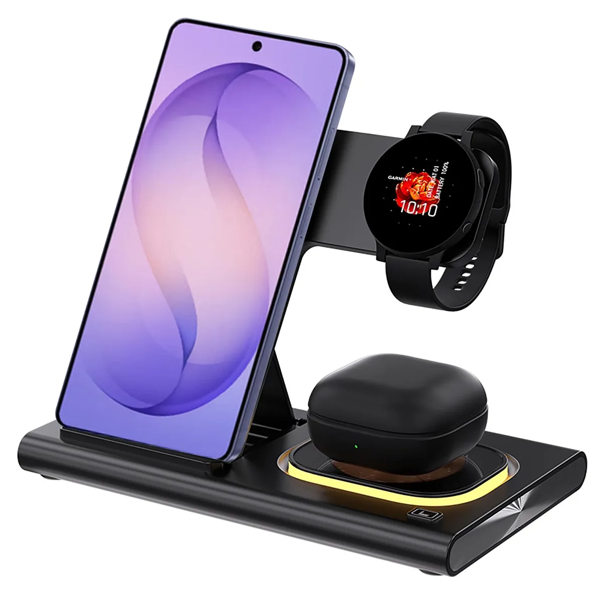 Foldable three-in-one wireless charging stand with LED light and silicone pads
