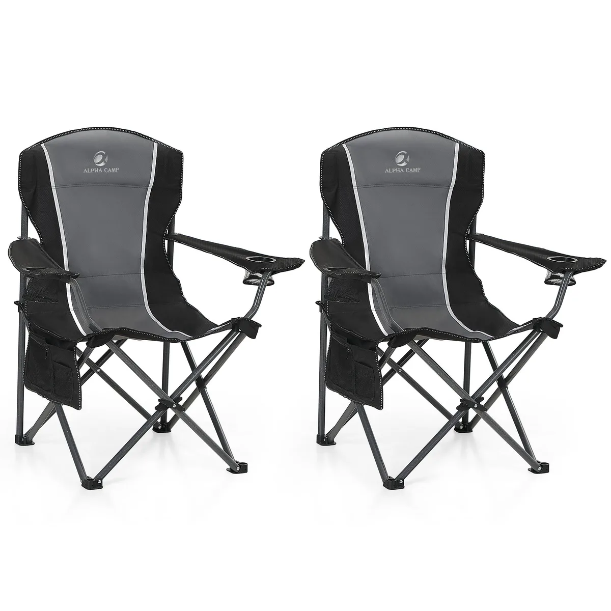 Black oversized folding camping chair with padded seat back arms two cup holders side pocket steel frame carry bag