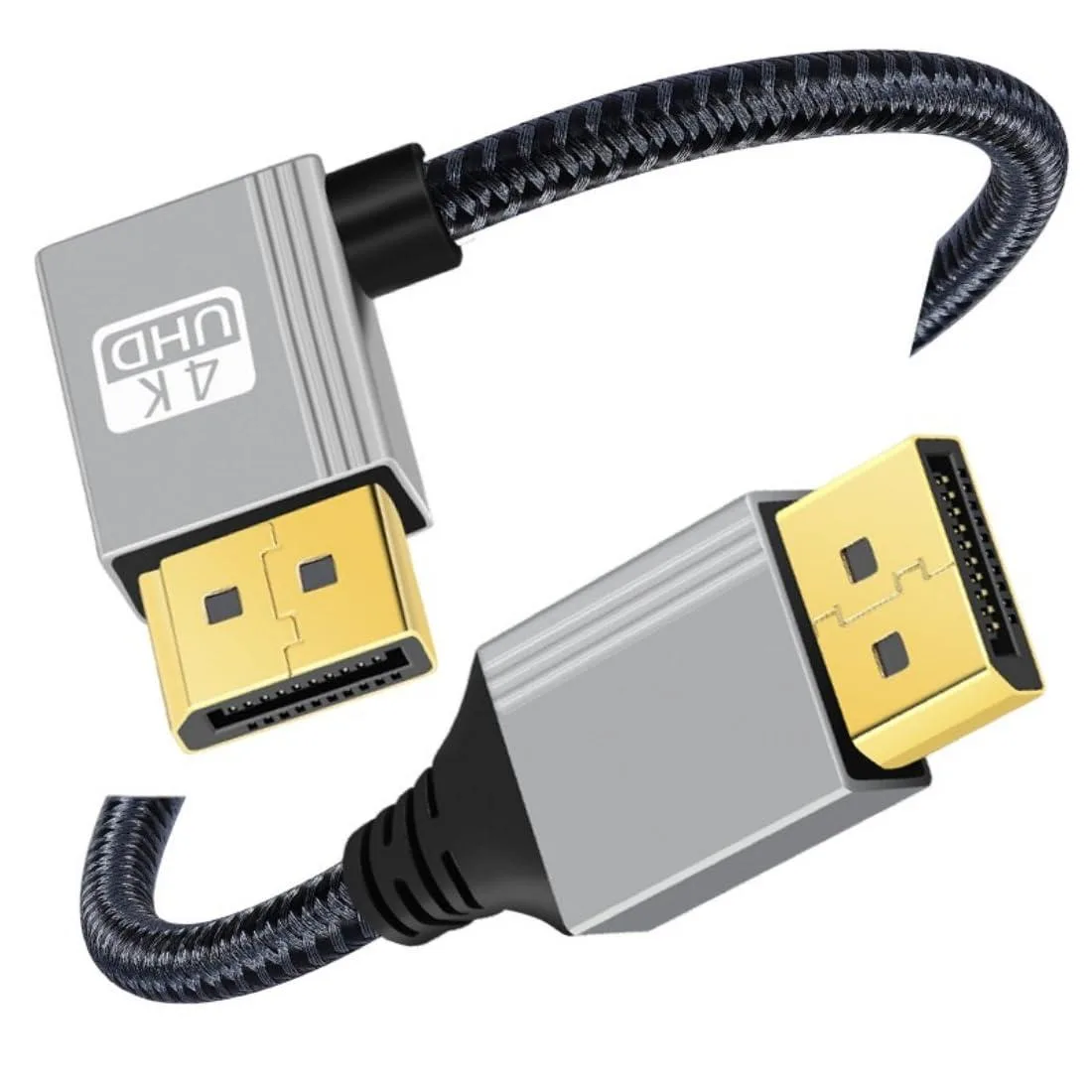 Right-angled DisplayPort cable with braided jacket and silver metal connectors, two metres long