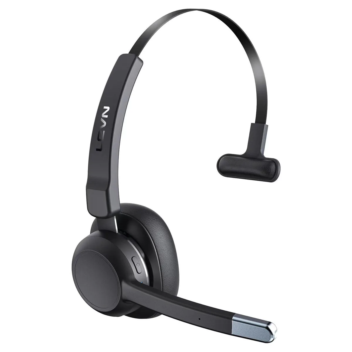 Black on-ear Bluetooth headset with boom microphone, single-ear design