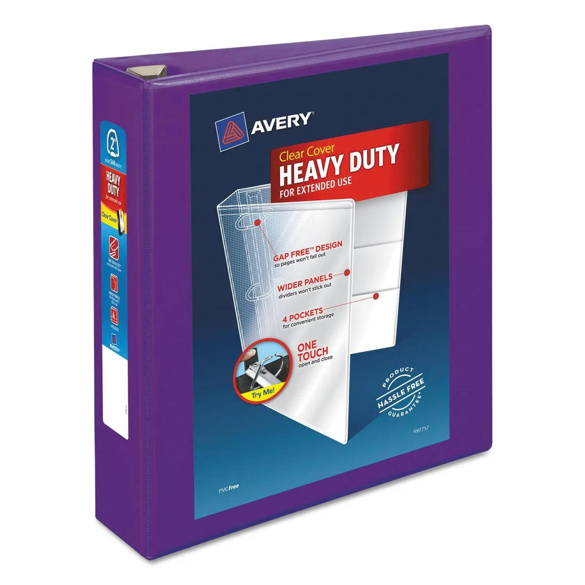 Purple 2-inch heavy-duty binder with textured polypropylene cover, EZD locking rings, clear overlay pockets