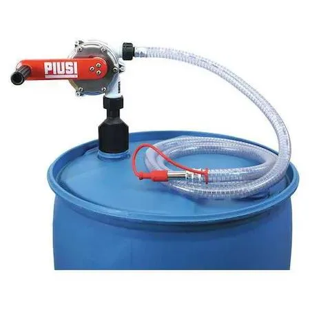 Silver metal hand pump with long clear hose and drum adapter
