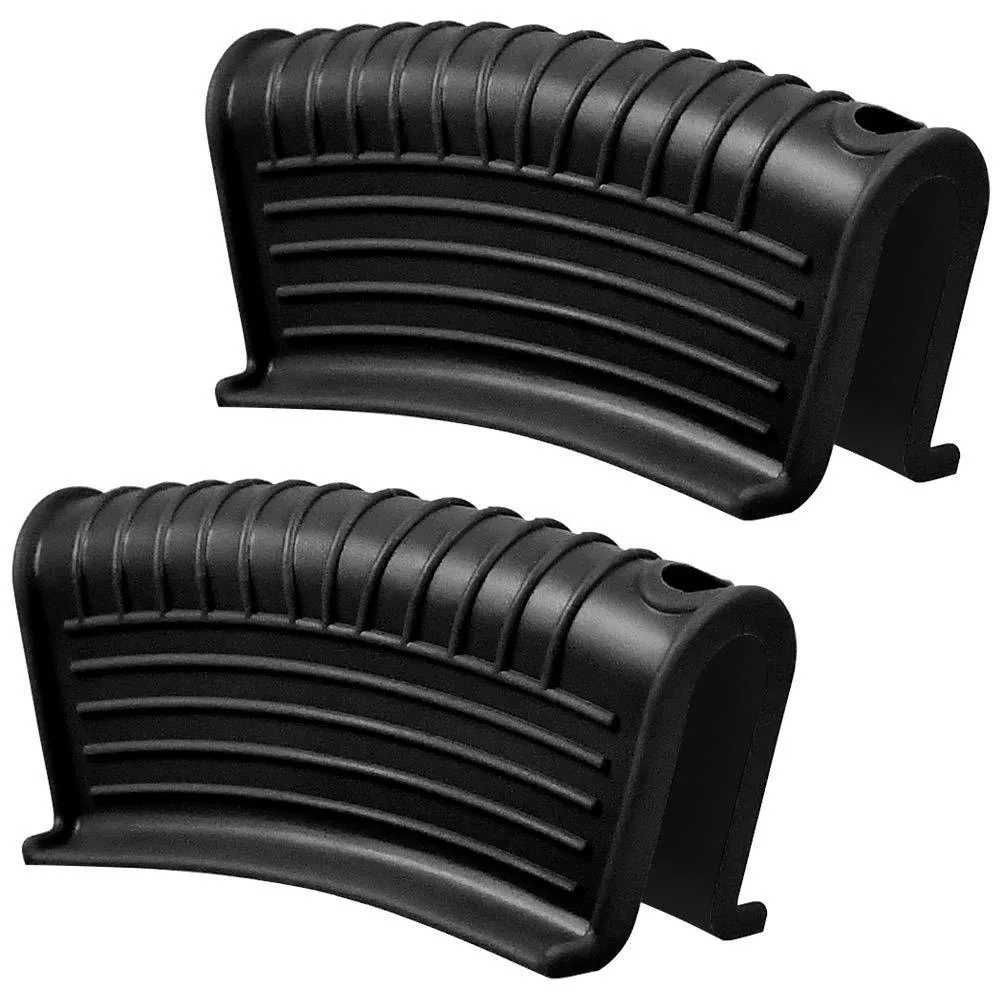 Black silicone sleeve with textured grip and internal ribs, shaped to fit cast iron skillet handles