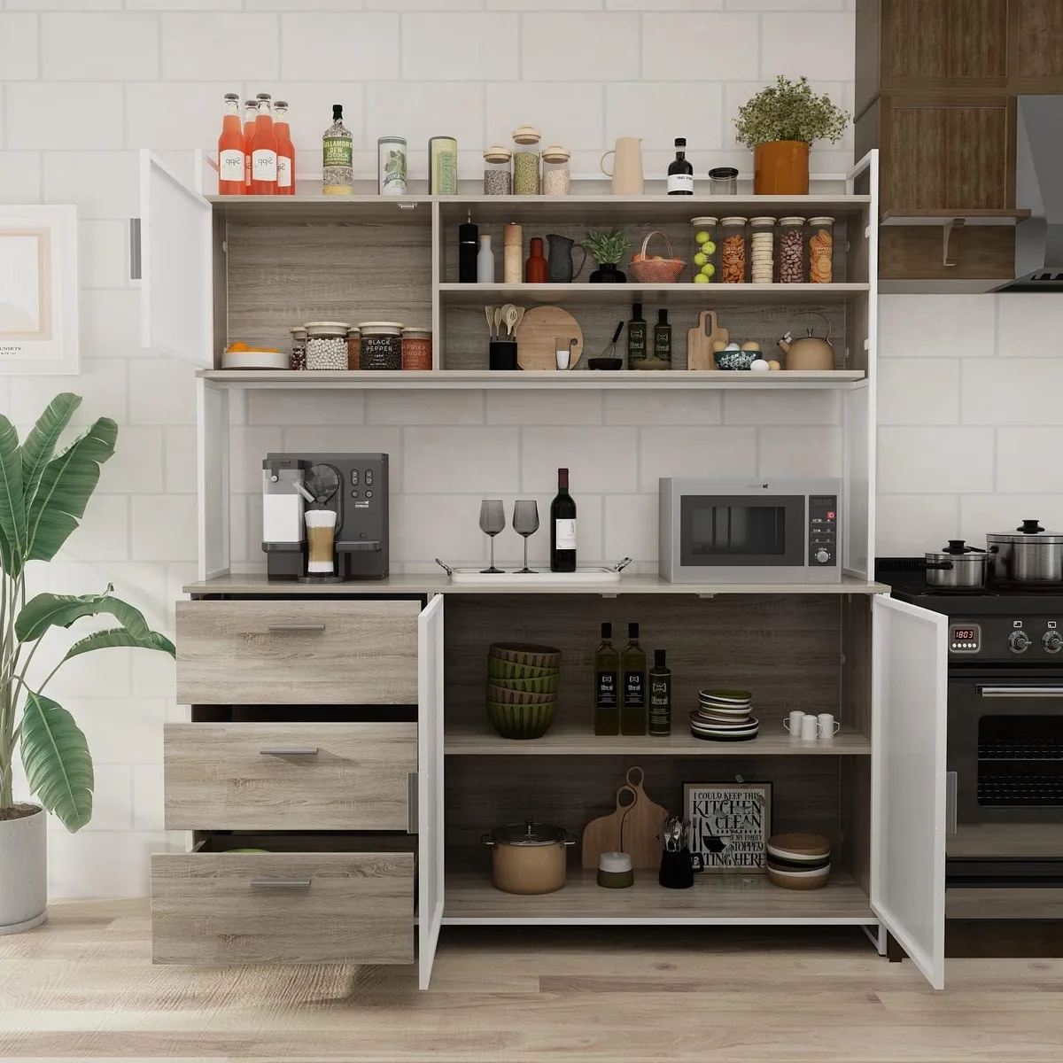 BFKK BFKK Kitchen Hutch Cabinet Oak 59 W x 15.7 D x 68.5 H storage — product photo