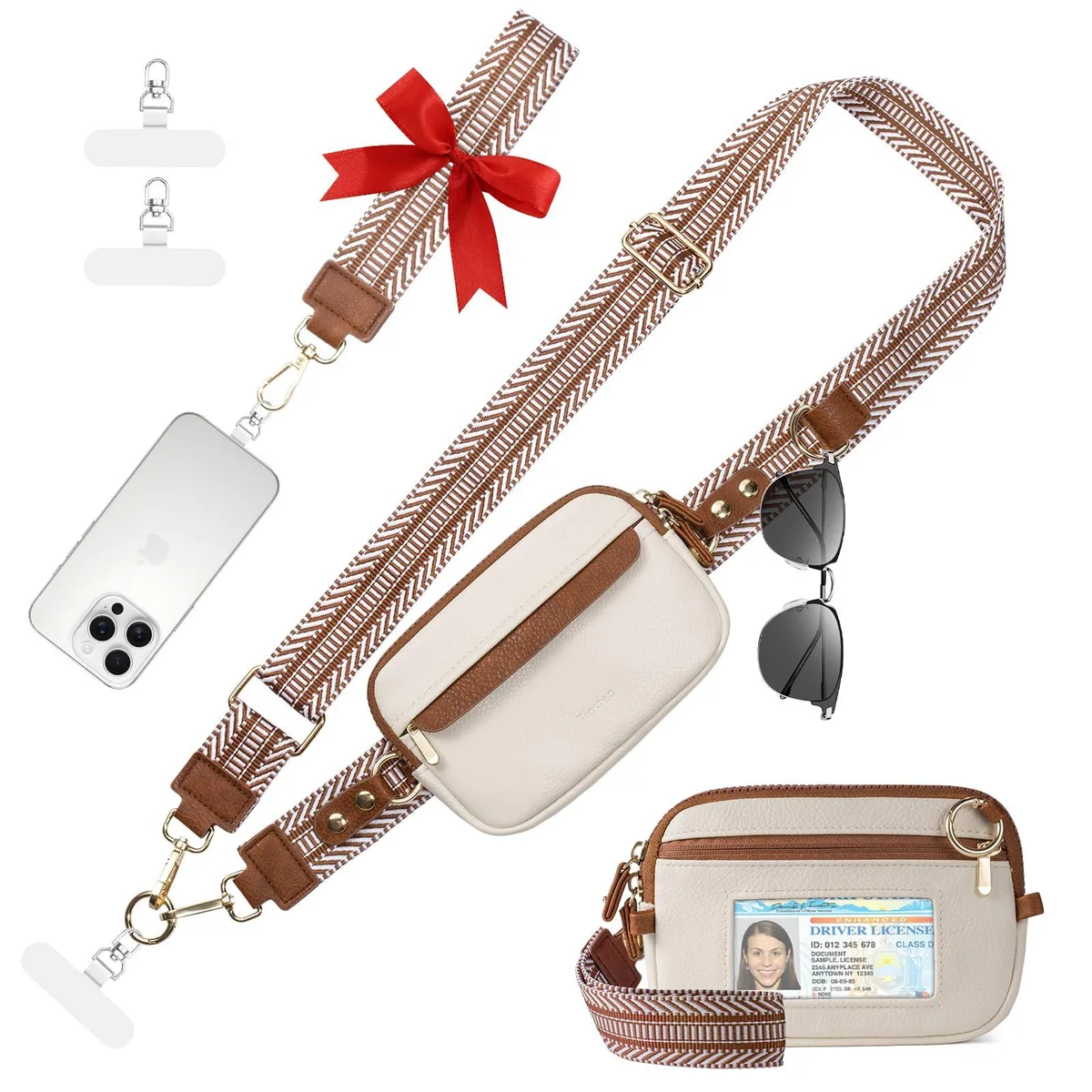 Medium white-brown leather crossbody wallet with adjustable strap and zipper pouch