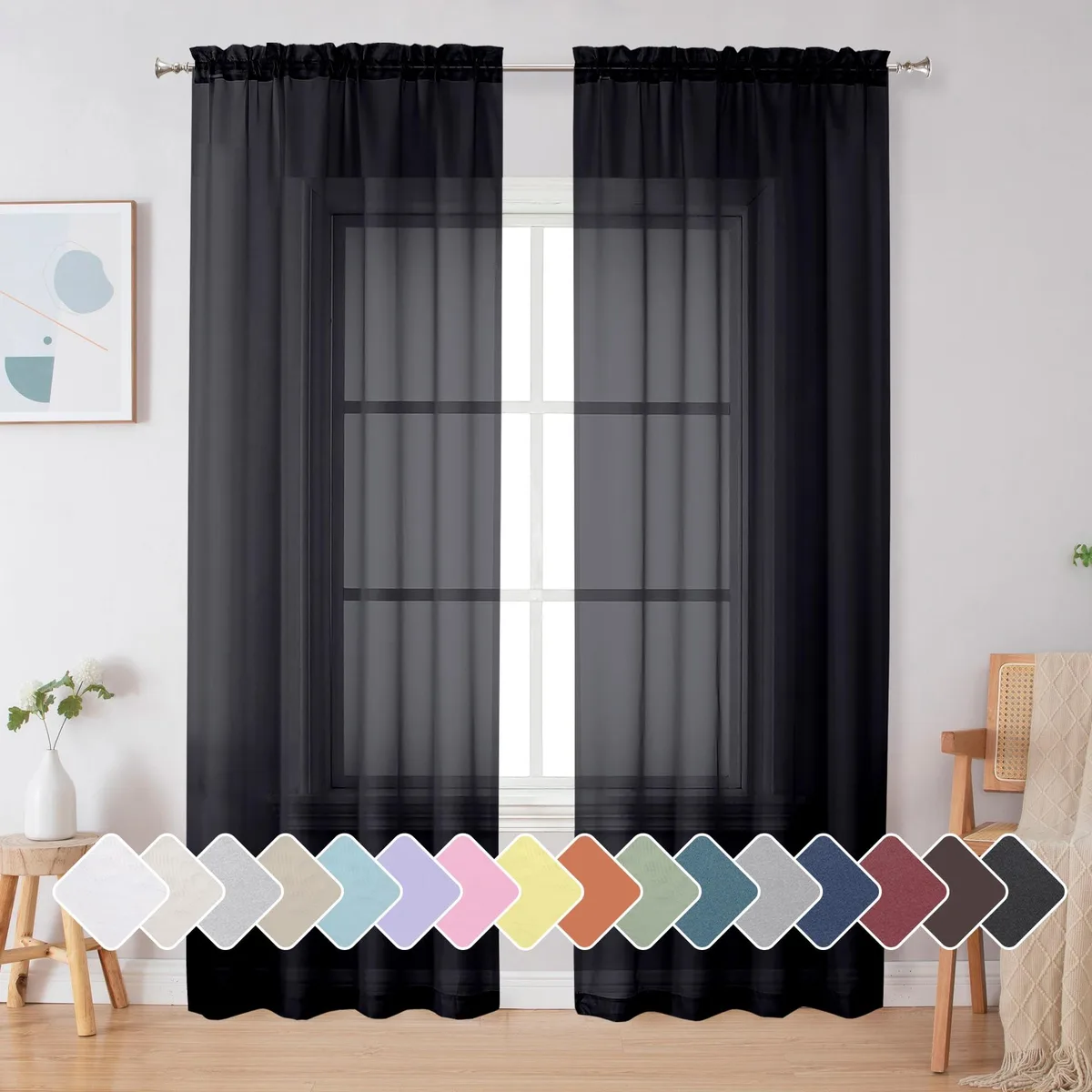 Two black sheer curtain panels, 42 by 84 inches, rod pocket top, lightweight polyester fabric
