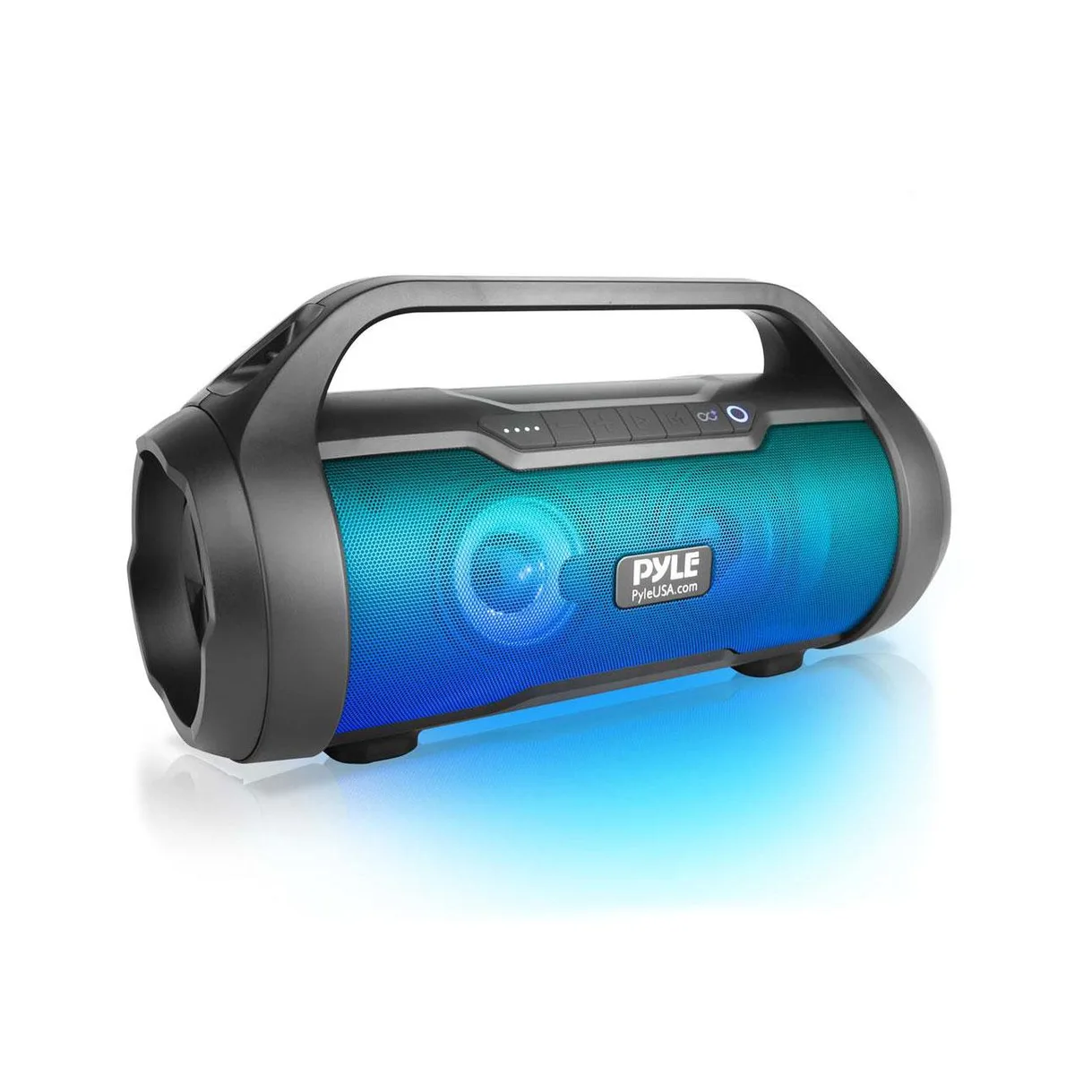 Rugged rectangular boombox speaker with mesh grille and rubberised edges