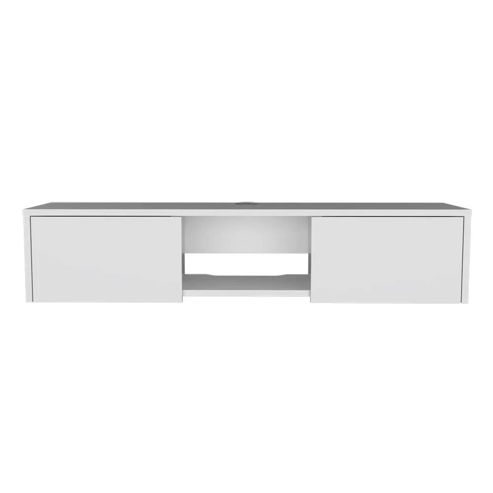 White wall-mounted TV stand with open shelf and two cabinets