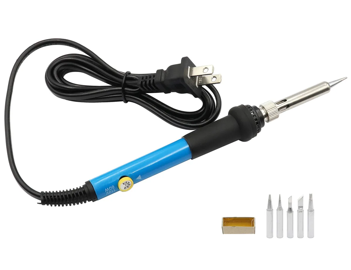 Blue 60W soldering iron with adjustable temperature, plastic handle, stainless steel tip, five copper tips included