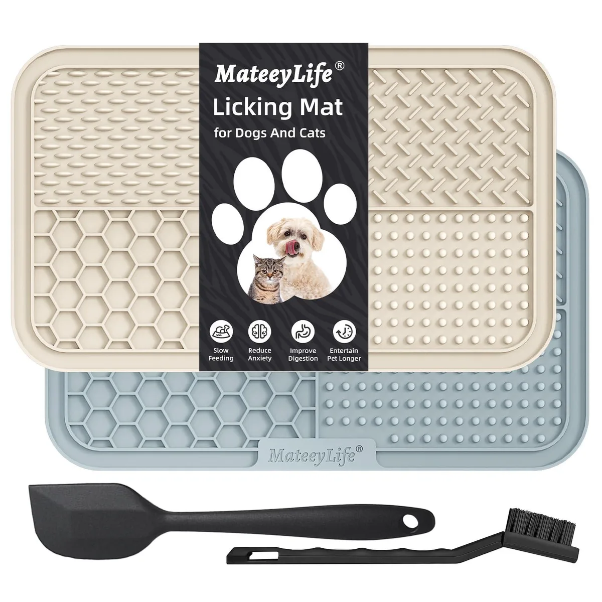 Two large silicone lick mats with 75 suction cups and textured quadrants in multi colour