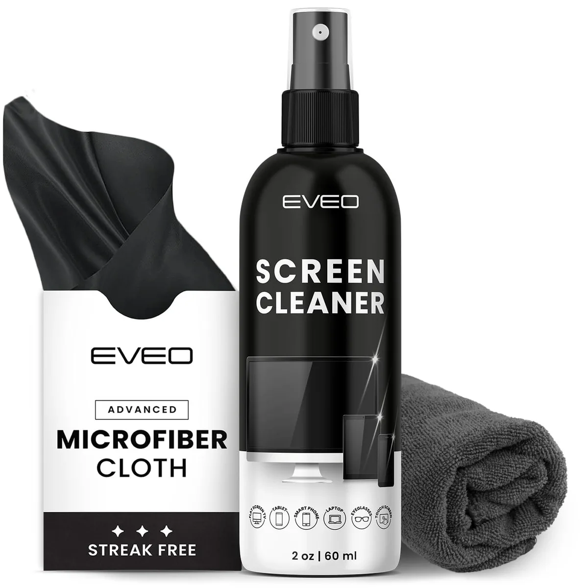 White 2oz spray bottle with two folded microfiber cloths