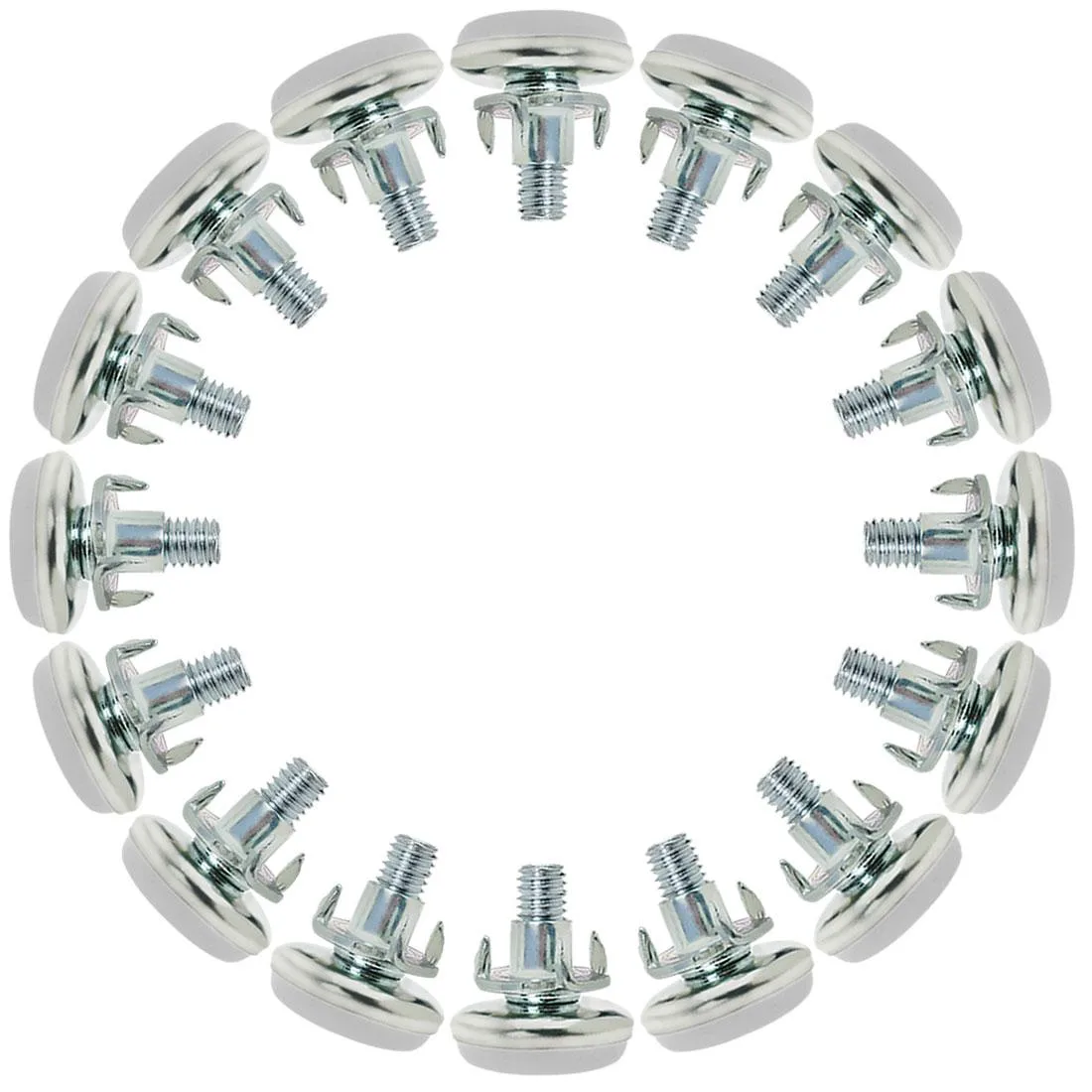 Sixteen silver threaded feet with black plastic bases, M8 by 20 by 30 millimetres