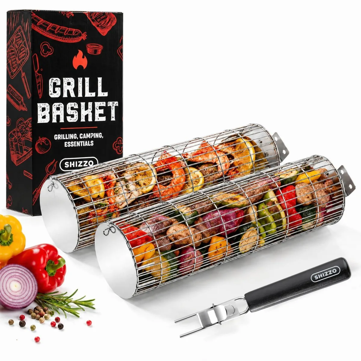 Healthy Living Rolling Grill Basket Removable Wooden Handle Stainless Steel Medium — product photo