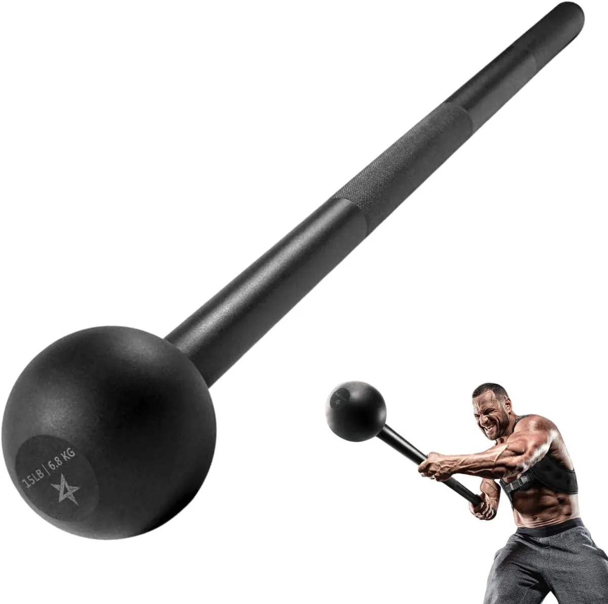Black steel mace bell with diamond-knurled handle and weighted end