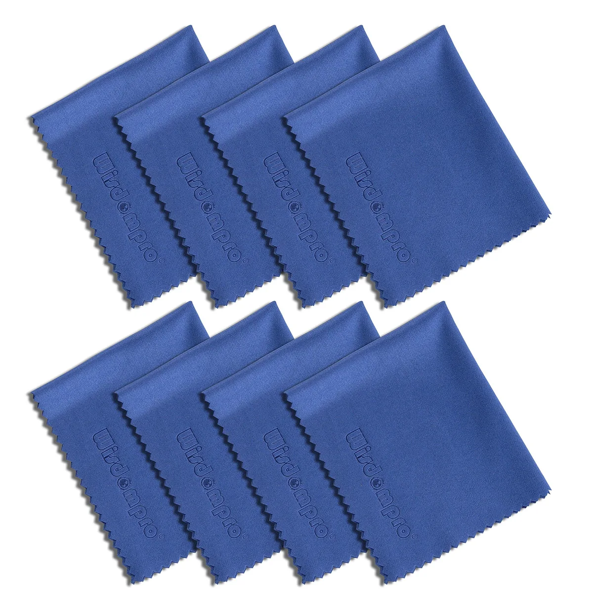 Eight small blue microfiber cloths in individual packets
