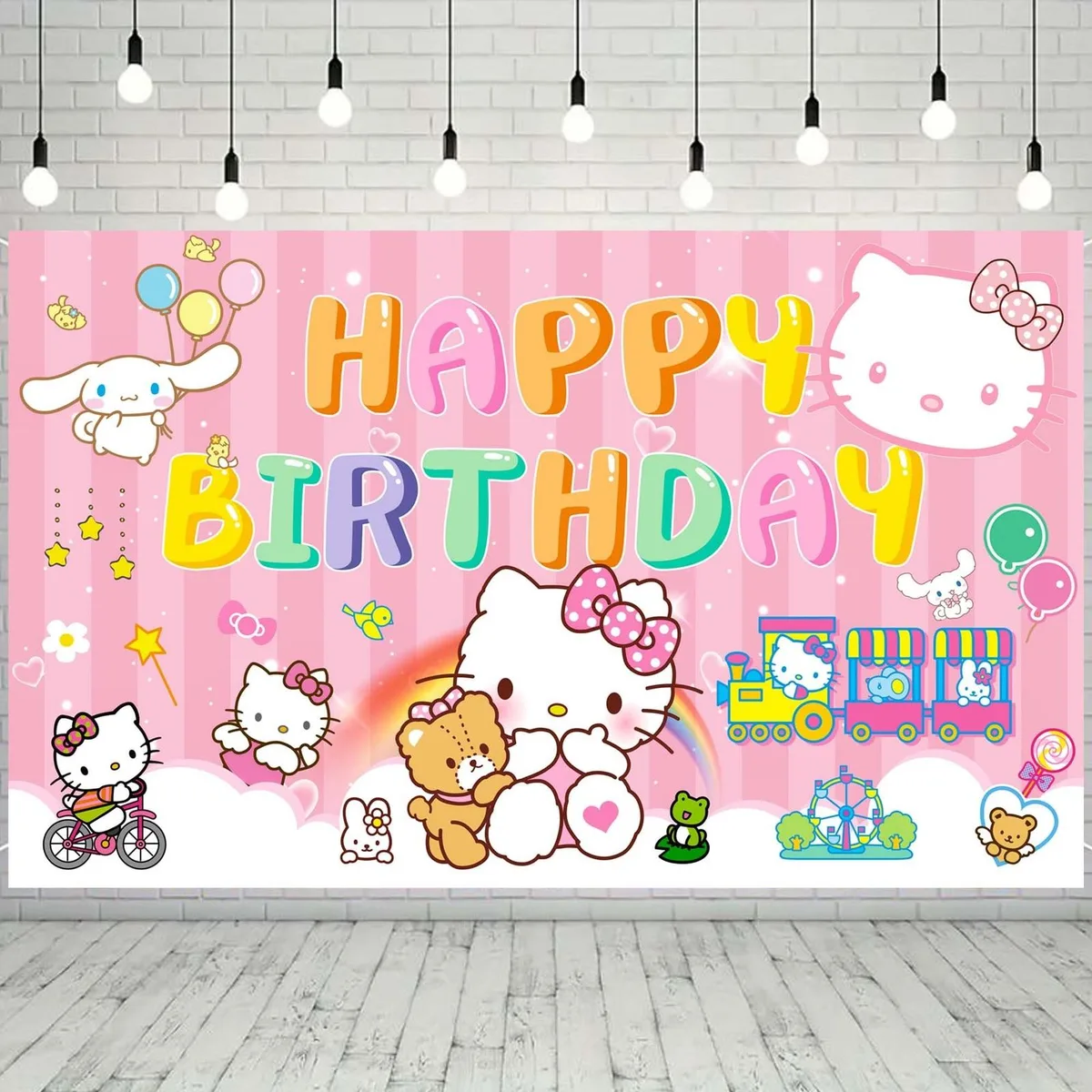 Rectangular Hello Kitty backdrop, 71 by 43 inches, multicolour plastic with corner grommets