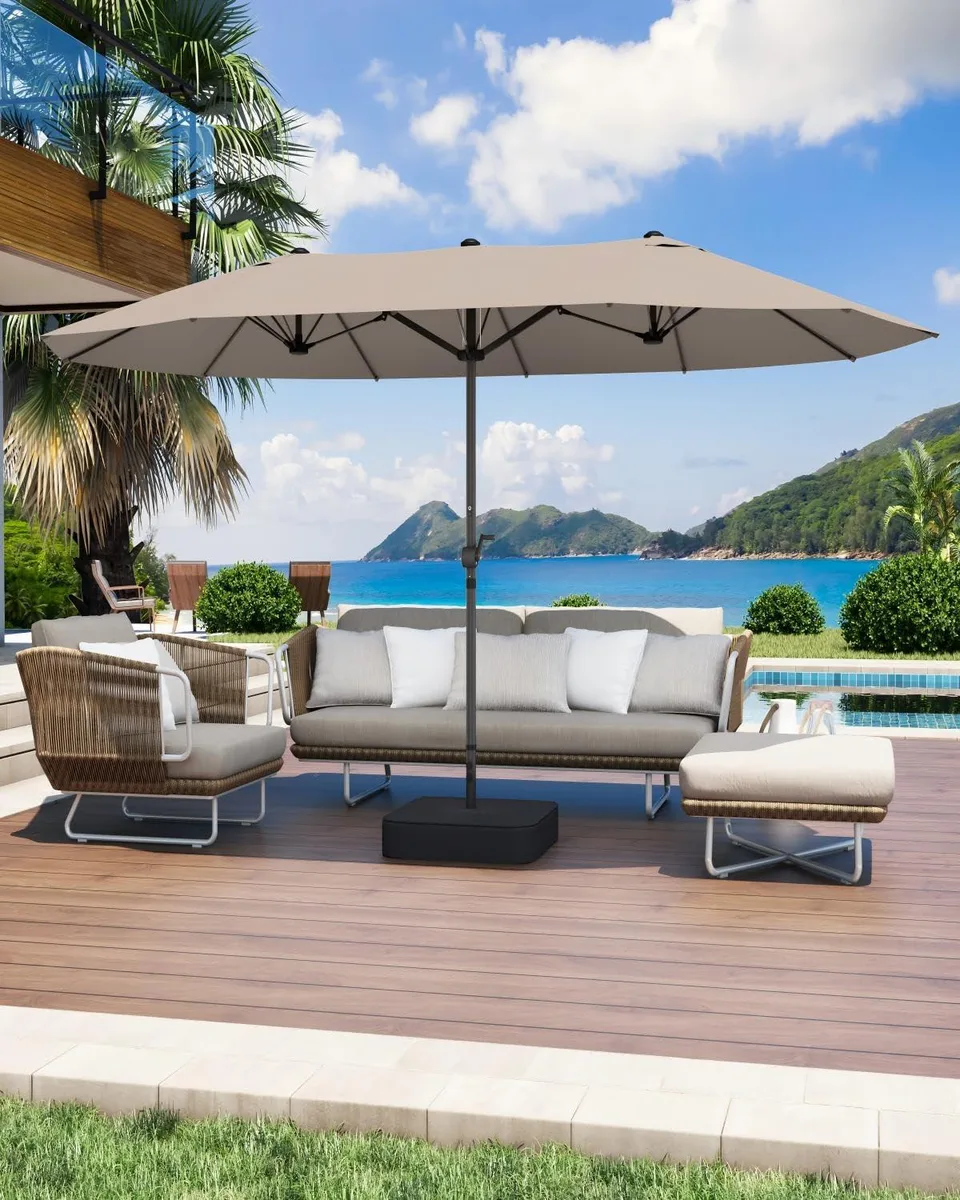  GDPFN 15ft Rectangular Patio Umbrella with Base, Beige — product photo