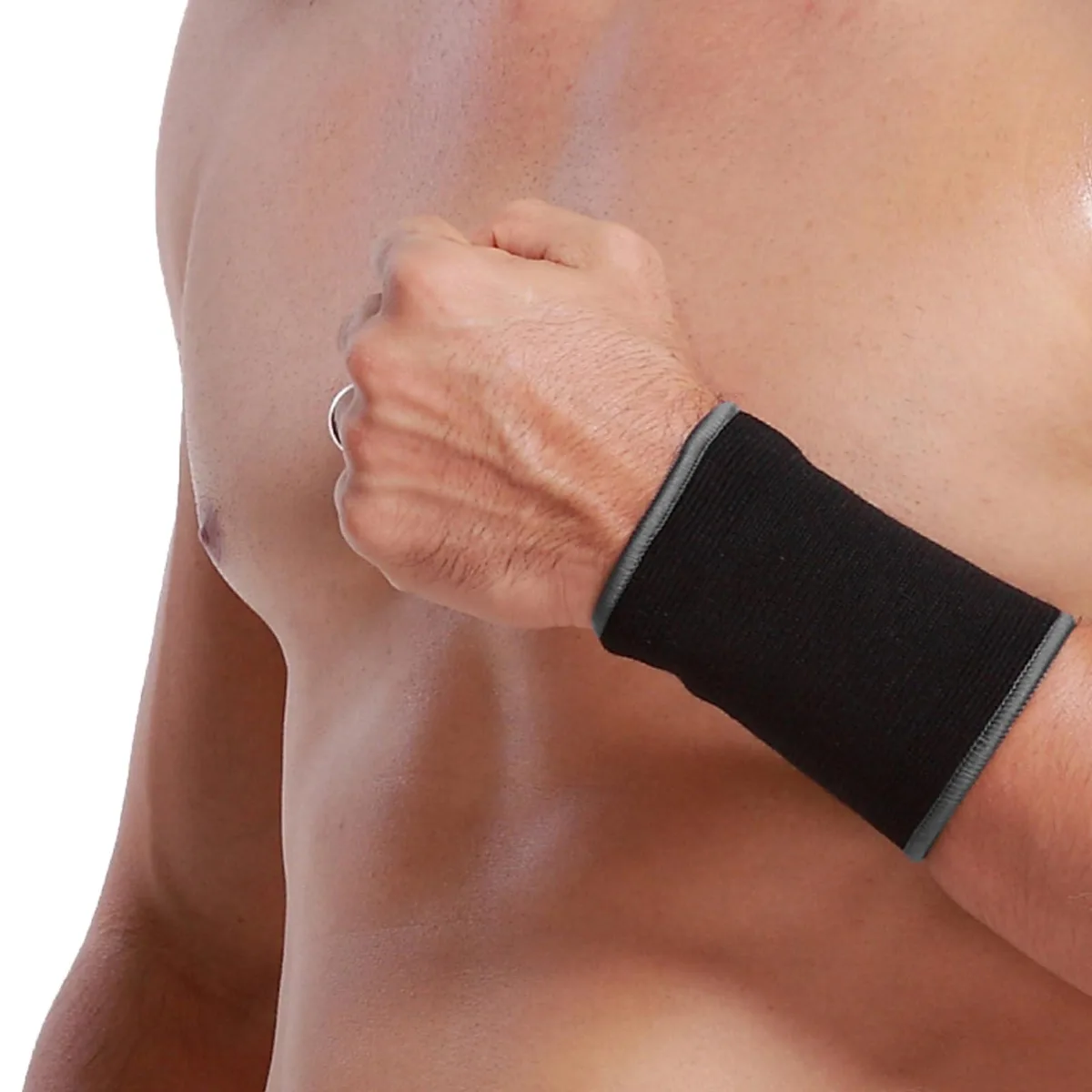 Black knitted wrist support sleeve, large size, elastic breathable fabric, fits left or right wrist