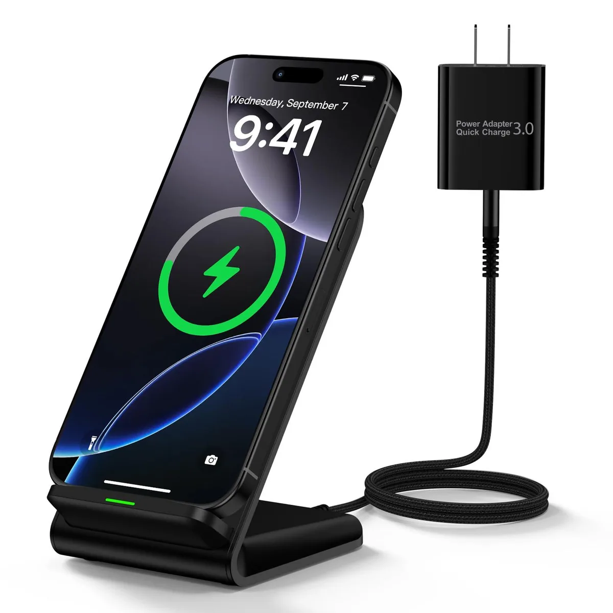 White Samsung wireless charging stand with 18W adapter and cable