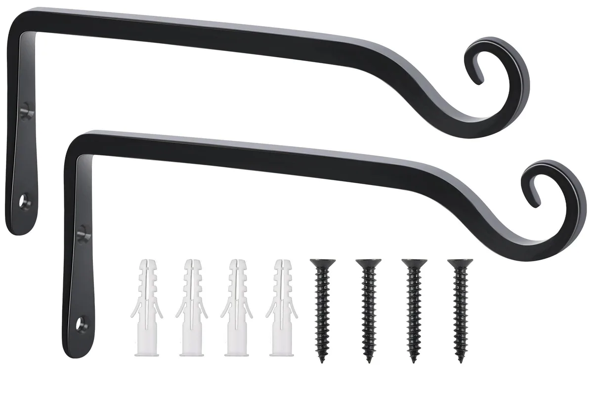 Two black L-shape iron hooks, 10 inch reach, powder-coated finish