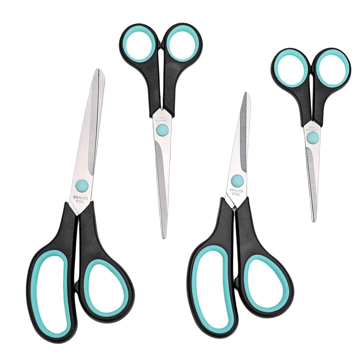 Four blue scissors with rubber grips, sizes 5.5 to 8.5 inches