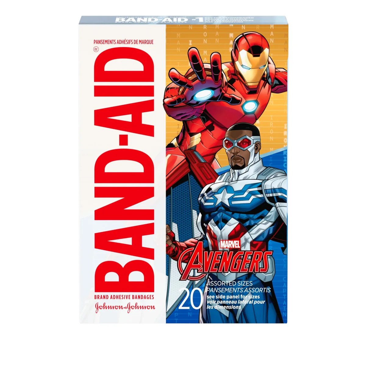Cardboard box with Marvel Avengers Band-Aid graphics, 20 count