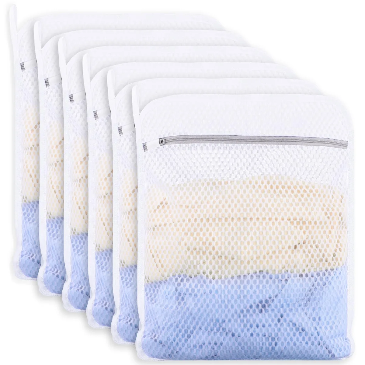 Six white honeycomb mesh laundry bags with zipper closures, 12 by 16 inches