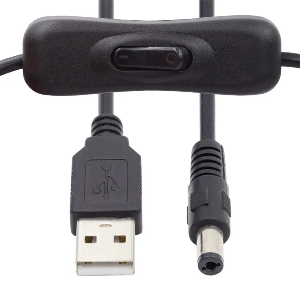 Black USB-A to 5.5×2.1 mm DC power cable with inline switch, 100 cm long